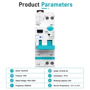 MythEle Factory Price Smart WiFi RCBO 1P+N 40A Circuit Breaker 6kA Over Under Voltage Protection Smart Energy Monitor
