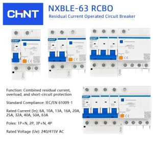 NXBLE-63 RCBO 1P+N 2P 3P+N 4P Residual Current Circuit Breaker 6kA 6A-63A Leakage Protection MCB IEC61009-1