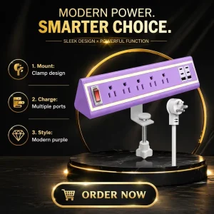 NYYTGE Desk Clamp Power Strip Nightlight 40W Fast Charging 6FT Extension Cord 4 USB C Ports 5 AC Outlets Surge Protection ETL