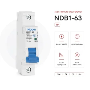 Nader NDB1 63 1P AC DC MCB 1A 63A Miniature Circuit Breaker with 6kA 10kA Capacity for Solar Use