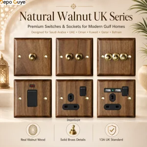 Natural Walnut Wood UK Standard 13A Wall Switch Socket Brass Toggle with USB Type C British Electrical Outlet