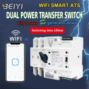 OEM Din Rai WiFi Smart Remote Control 2P AC 220V 100A 50 60hz Ats Transfer Switch for Generator