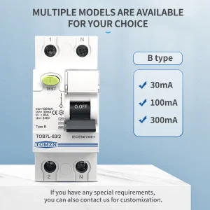 Office Electromagnetic Residual Current Circuit Breaker B type 2P 63A 30mA 100mA 300mA RCCB DIN Rail TOB7L Single Phase