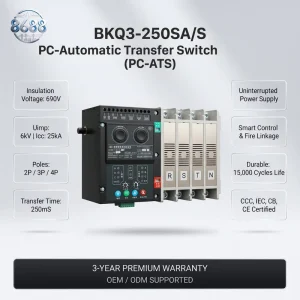 PC Class Single Phase 2 3 4 Pole Automatic Transfer Switch (ATS) BKQ3 250SA/S Uninterrupted Dual Power Changeover Fire Linkage