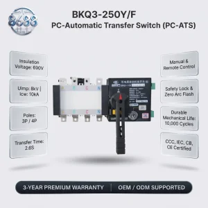PC Class Single Phase 3/4 Pole 8kA Breaking Capacity Automatic Transfer Switch for Firefighting & Hospitals BKQ3 250Y/F