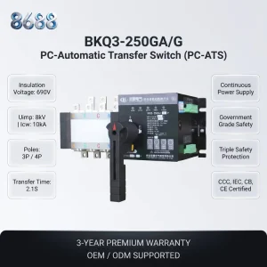 PC Class Single Phase 3 4 Pole Automatic Transfer Switch BKQ3 250GA G Continuous Dual Power Changeover Government Safety Fire