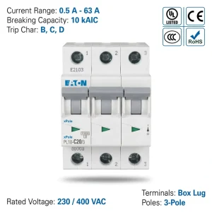 PL10 Series PL10 C20 3 20A 3P 10kA C Curve Miniature Circuit Breaker MCB for Industrial Power System