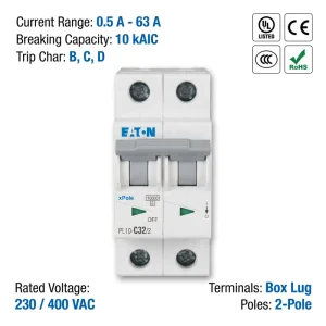 PL10 Series PL10 C32 2 32A 2P 10kA Miniature Circuit Breaker MCB for Heavy Duty Power Distribution