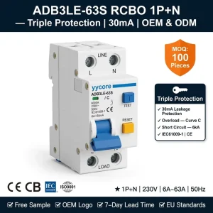 RCBO 1P+N 2P 3P 4P 30mA 6kA ADB3LE 63S Residual Current Breaker with Overcurrent 6A 63A 230V IEC61009-1 CE