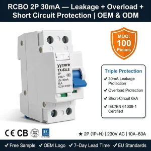 RCBO 2P 1P+N 30mA 6kA Residual Current Circuit Breaker with Overload 10A 16A 32A 63A 230V CE IEC 61009 1