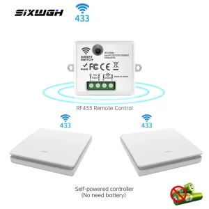 RF433 Self-Powered Wireless Switch Module Kit 10A 1000W Smart Relay Receiver & Kinetic Remote for Light&Appliance Control