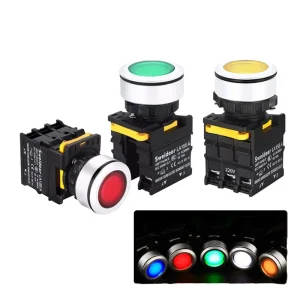 Self Locking Power 1NC+1NO 12V 24V 380V Push Button Switch 30mm Flat Head Control with LED Momentary Reset Waterproof