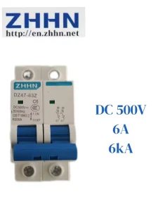 Solar PV DC MCB Circuit Breaker ZHHN DZ47 63Z C6 2P 500V 6A 6kA for Solar Photovoltaic System