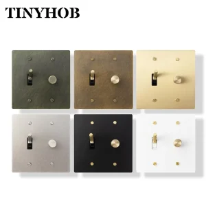 Solid Brass 2 Gang Rotary Dimmer & Toggle Switch Combo Wall Plate, 120V US Light Switch for LED & Incandescent Bulbs