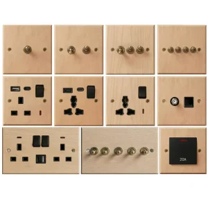 Solid Wood British standard Multi function Vintage style Power Outlet Panel with Brass Toggle Switch 13A 250V
