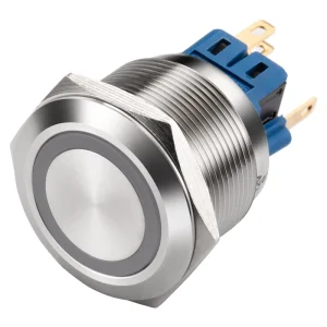 Stainless Steel Momentary Waterproof IP65 Pin Terminal 24V Blue Ring LED 25mm Push Button Switch