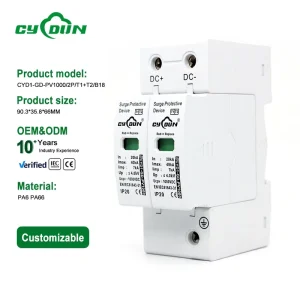 T1+T2 DC SPD 1000V 2P 7kA Limp 40kA Solar Surge Protective Device with Red Replaceable Module for PV Combiner Box Safety