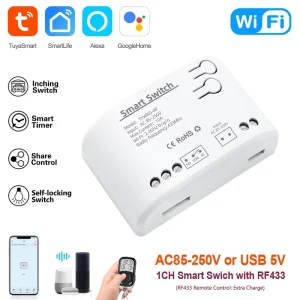 Tuya Smart WiFi 1CH Smart Switch Relay RF433 Remote Control AC85-250V 10A 2200W Works with Alexa Google Home PST-TYAC-1CH