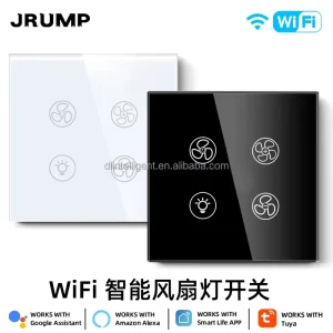 Tuya WIFI European Standard Intelligent Fan Light Switch Glass Panel App Remote Control Fan Adjustable Light