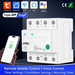 Tuya WiFi 4P 63A Smart Circuit Breaker with Relay Cuts L N Timer Countdown Switch Voice Control Works with Alexa for Home
