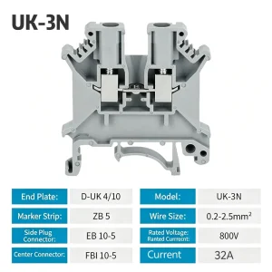 UK 3N Din Rail Electrical Wire Connector Terminal Block Brass Contact Dual-Channel Screw Terminal Block