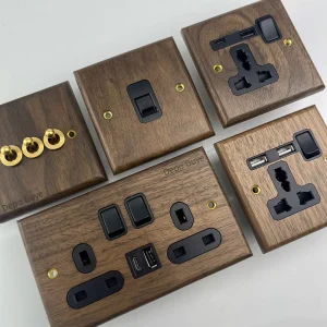 UK Black Walnut Wood Toggle Wall Switch and Socket Retro Vintage Solid Brass Lever 86 Type Electrical Panel for Home Hotel