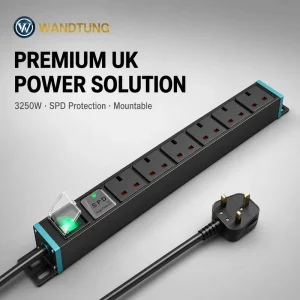 UK Standard Rack PDU 6-Way with Lighted Switch and Surge Protector 16A 230V British Socket Power Strip SPD Protection