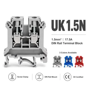 UK1.5N Din Rail Terminal Block Brass Screw 1.5mm² 17.5A Wire Connector Grey Blue Red Feed Through Electrical Terminal Strip