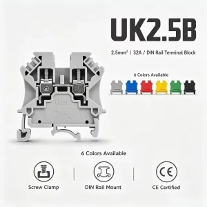 UK2.5B Din Rail Terminal Block Brass Screw 2.5mm² 32A Wire Connector Grey Blue Red Feed Through Electrical Terminal Strip