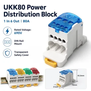 UKK80 80A Power Distribution Block 1 Input 6 Output DIN Rail Single Pole Terminal Block 690V