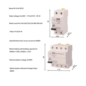 VEKON Industrial VL16 63 RCCB Residual Current Circuit Breaker 2PAC 4PAC Plastic 6kA Breaking Capacity 50Hz Leakage Protection