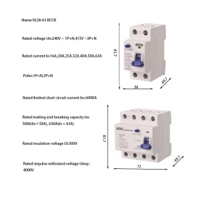 VEKON Industrial VL28 63 RCCB Residual Current Circuit Breaker 30mA 240V 2PAC 6kA 50Hz DIN Rail Mount Monthly Test Button