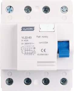 VEKON VL22 63 Residual Current Circuit Breaker 40A 4P 30mA Fast Response to Leakage Shock 6kA Breaking Capacity BCD Curve C 50Hz