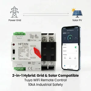 W2R-63A 2P WiFi Smart Automatic Transfer Switch 110V 220V Single Phase Tuya App Remote Control for Solar PV Backup Power System