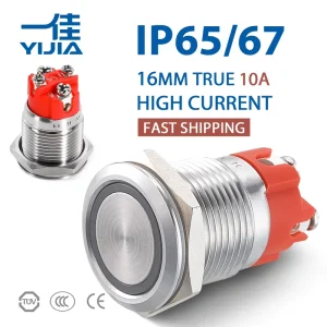 Waterproof Push Button Switches 16MM 10A 1NO High Current Illuminated Flat Head Button Screw Terminals Metal Push Button Switch