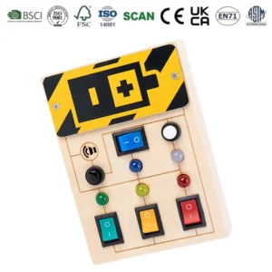 Wooden Busy Board Interactive Circuit Push Buttons Toggle Switches LED Effect Montessori Educational Toy Skills Learning